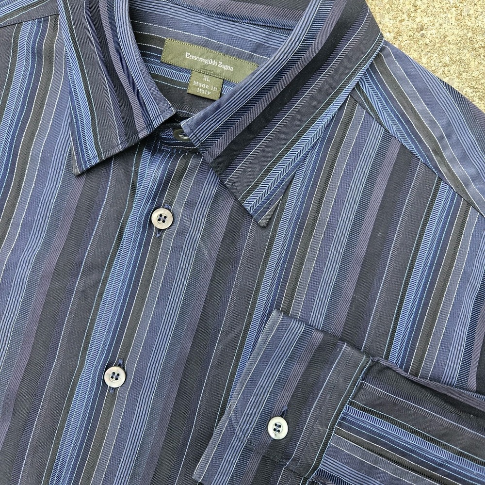 Ermenegildo Zegna Shirt Mens XL Blue Stripe Button Up Dress Cotton Collared Grey